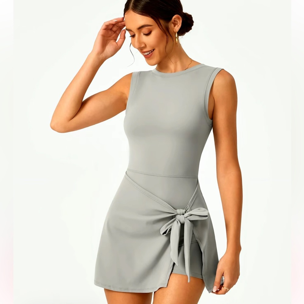 Sleeveless Light Gray Tie-Waist Dress